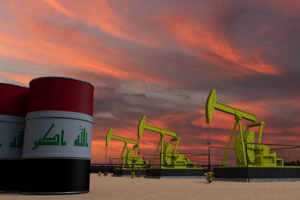 istock Nice pumpjack oil extraction and cloudy sky in sunset with the IRAQ flag 3D rendering 1443181856