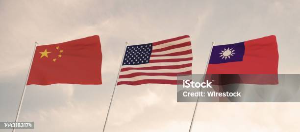 Flags Of China Taiwan And Usa Waving With Cloudy Blue Sky Background 3d Redering United States Of Stock Photo - Download Image Now