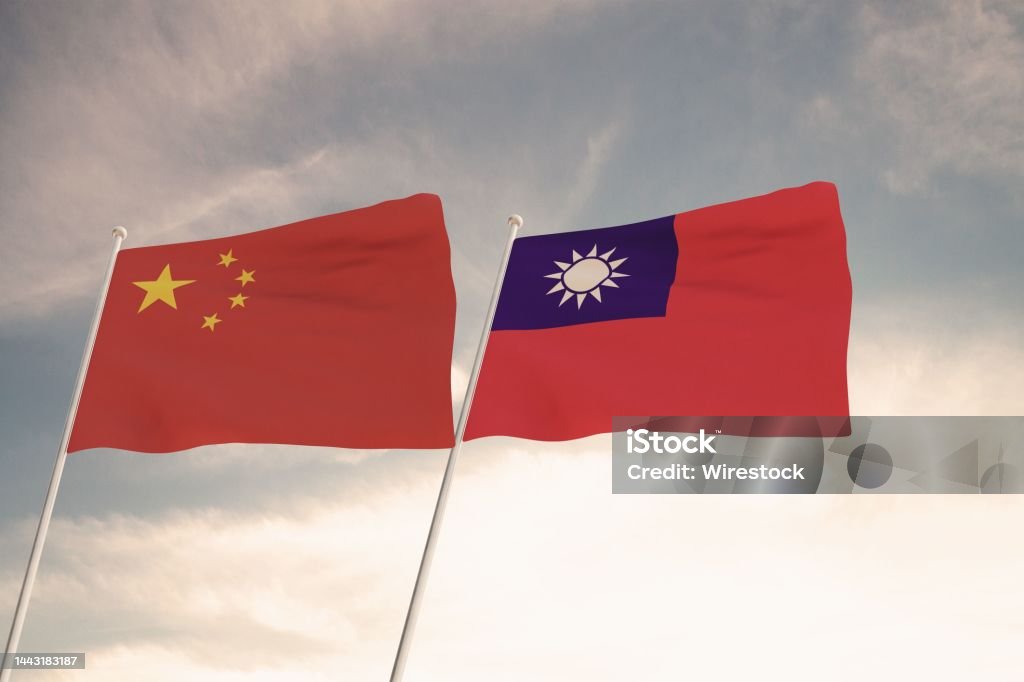 Flags of China and Taiwan waving with cloudy blue sky background, 3D rendering United States of Amer Flags of China and Taiwan waving with cloudy blue sky background, 3D rendering United States of America, Chinese Communist Party CCP. Agreement Stock Photo