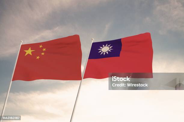 Flags Of China And Taiwan Waving With Cloudy Blue Sky Background 3d Rendering United States Of Amer Stock Photo - Download Image Now