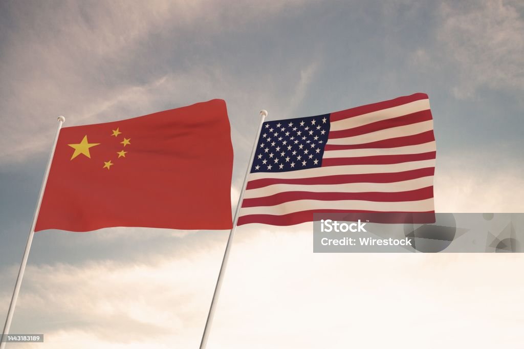Flags of China and USA waving with cloudy blue sky background, 3D rendering United States of America Flags of China and USA waving with cloudy blue sky background, 3D rendering United States of America, Chinese Communist Party CCP. Chinese Communist Party Stock Photo