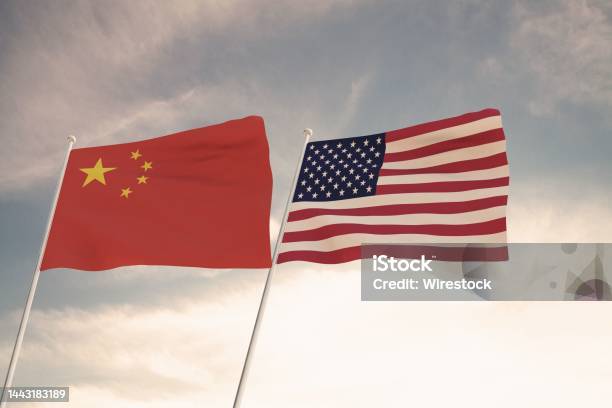 Flags Of China And Usa Waving With Cloudy Blue Sky Background 3d Rendering United States Of America Stock Photo - Download Image Now