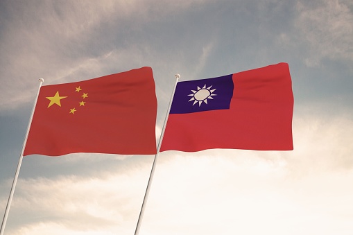 Flags of China and Taiwan waving with cloudy blue sky background, 3D rendering United States of America, Chinese Communist Party CCP.