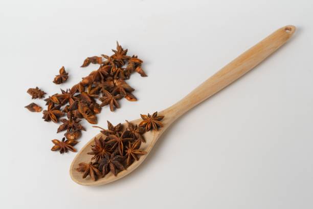 estrella anís illicium verum en una cuchara de madera aislada sobre fondo blanco - mortar and pestle condiment isolated food fotografías e imágenes de stock