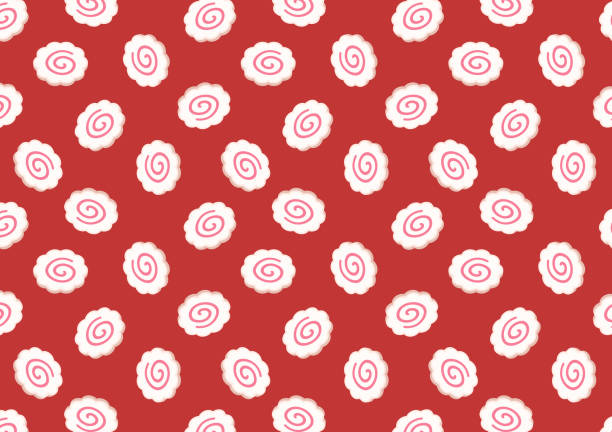 나루토마키, 빨간색 배경에 일본 음식 원활한 패턴. - fish cakes 이미지 stock illustrations