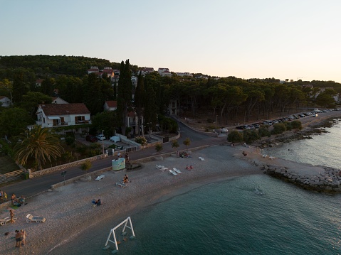 An aerial drone shot of the beach in Sutivan, Brac, Croatia