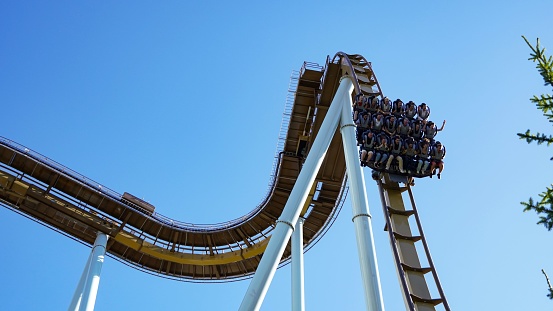 – July 27, 2022: Young People screaming during a ride at Liseberg roller coaster \