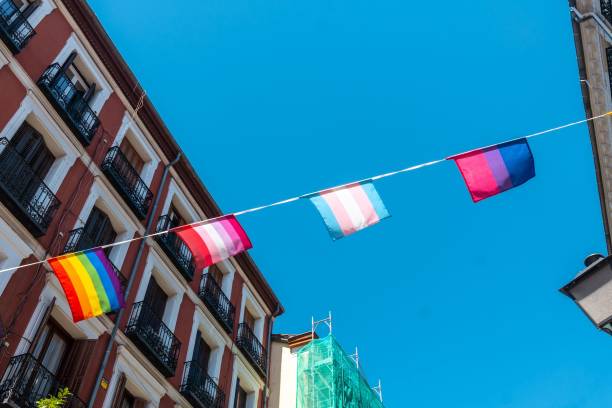 istock LGBTQ rainbow flags hanging on a rope in Chueca, Madrid, Spain 1443186073