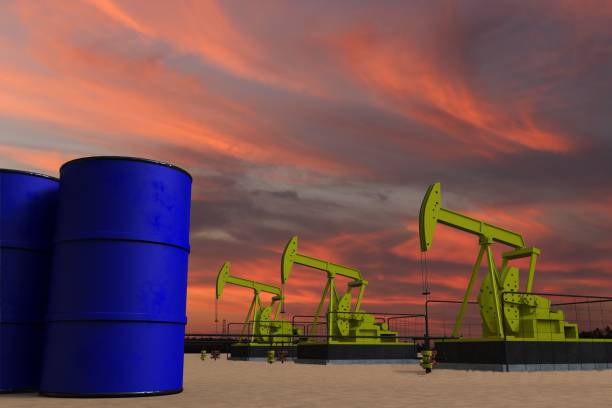 istock Nice pumpjack oil extraction and cloudy sky in sunset  3D rendering 1443186262