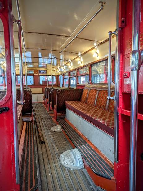 istock Vertical shot of an inside view tram with seats and handles 1443186994