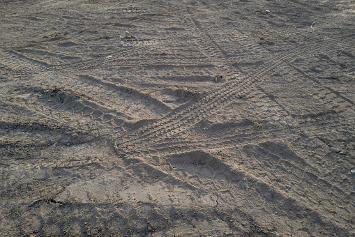 Deep tractor tire trail on a green grass in a field, Agriculture industry or work in a park concept.