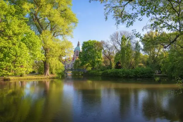 The beautiful maschpark with the new Town Hall in the distance in Hannover, Germany