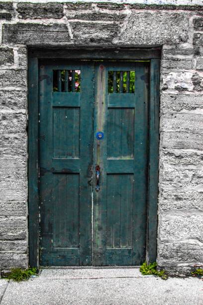 istock Green entrance doors with weathered paint 1443190562