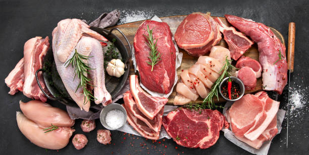 different types of raw meat - low carb diet food healthy eating raw imagens e fotografias de stock