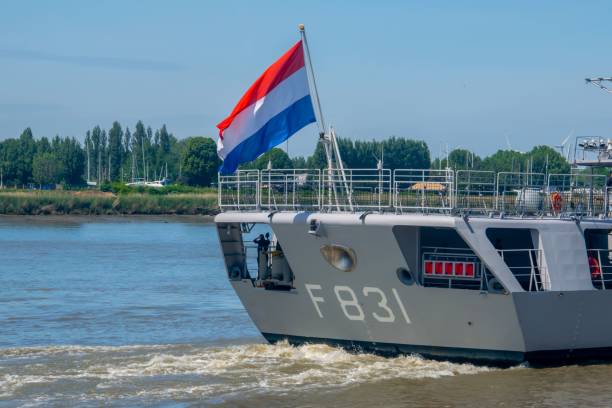 Antwerp, Belgium – June 04, 2022: A dutch flag on the back of a marine boat
