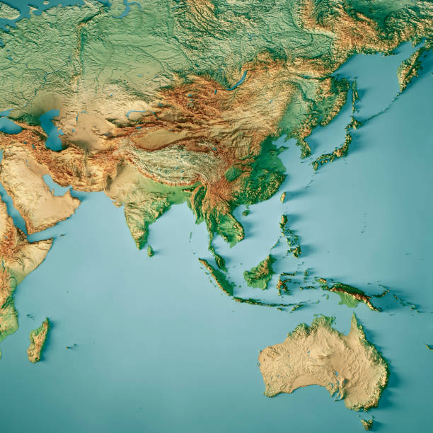 азия австралия топографическая карта 3d render цветной - asia pac стоковые фото и изображения