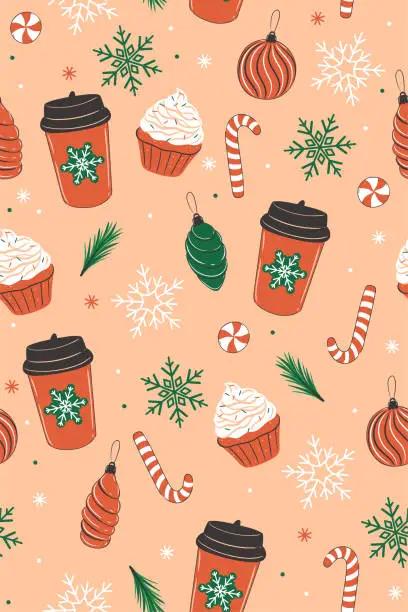 Vector illustration of Seamless pattern with Christmas sweets and coffee. Vector graphics.