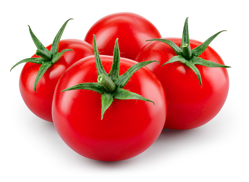 Tomatoes isolated. Tomato on white background. Four tomatoes side view. With clipping path. Full depth of field.
