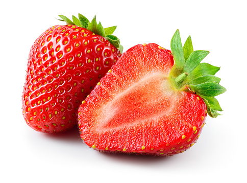 Strawberries isolated. Strawberry slice and whole berry isolate. Two strawberries on white background. Side view. Full depth of field.