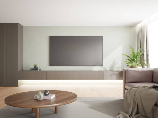 istock 3D rendering of modern living room with TV screen and sofa. 1443198100