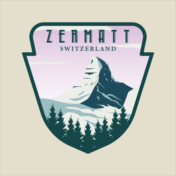 zermatt szwajcaria godło logo wektorowa ilustracja szablon projekt graficzny. zimowy baner śnieżny alpy szwajcarskie dla branży turystycznej lub turystycznej - zermatt stock illustrations