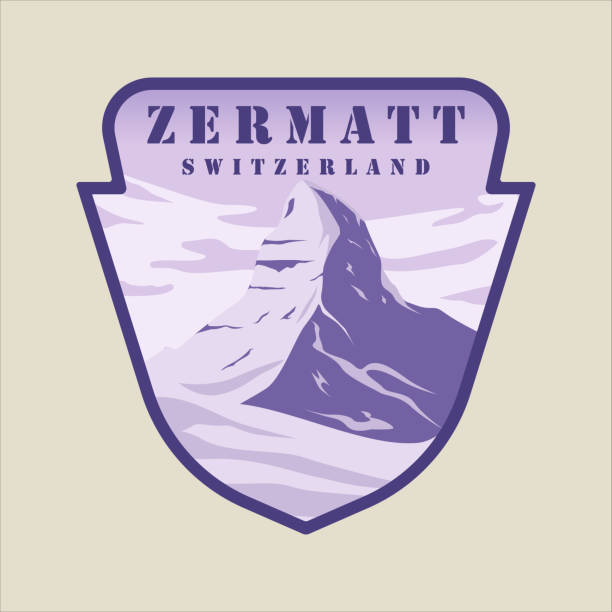 체르마트 스위스 엠블럼 로고 벡터 일러스트레이션 템플릿 그래픽 디자인. 스위스 알프스 겨울 눈 배너 여행 또는 관광 사업 - zermatt stock illustrations