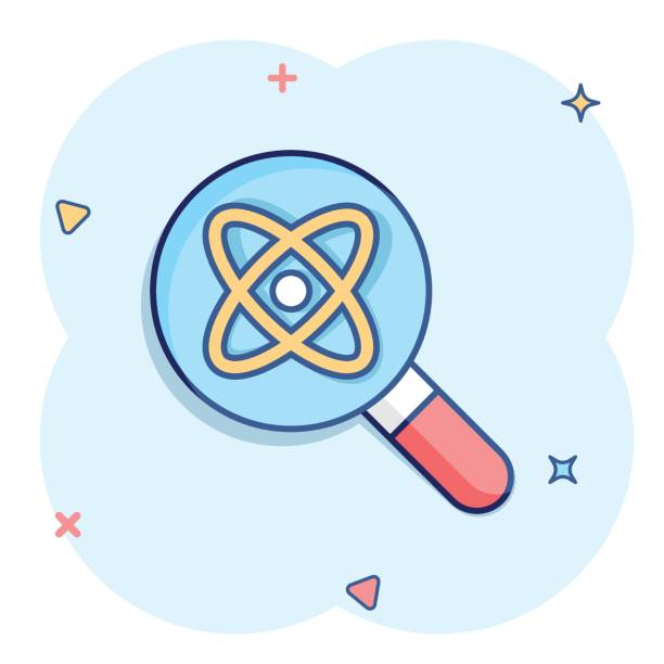 istock Science magnifier icon in comic style. Virus search cartoon vector illustration on white isolated background. Chemistry dna splash effect business concept. 1443200226