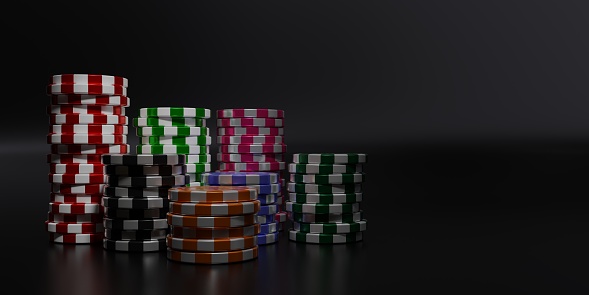 Gambling chips stacks. Casino token in piles on black background. Many colors poker chips set, 3d render