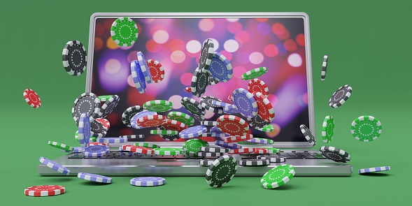 Casino online, Gambling and betting app. Poker chips falling, computer laptop on green background. 3d render