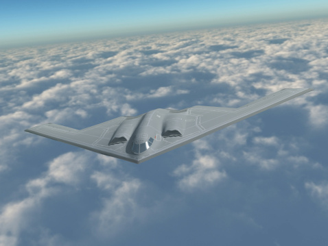 A 3D rendering of a B-2 bomber in flight.