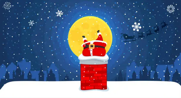 Vector illustration of Funny Santa Claus stuck in the chimney.