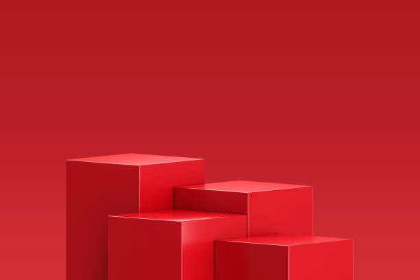 istock Red podium background product stage display on 3d geometric platform scene with sale presentation banner stand studio showroom or empty show pedestal base backdrop and showing blank step place mockup. 1443204379