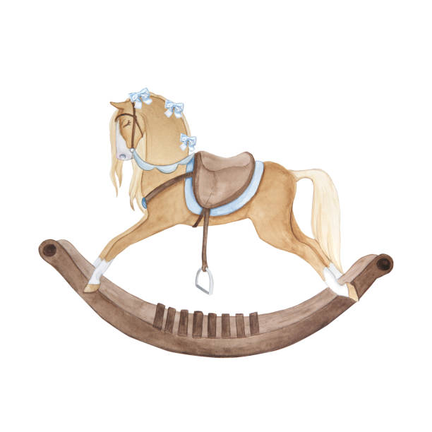 stockillustraties, clipart, cartoons en iconen met watercolor illustration of vintage cute fairy tale children's toy rocking horse with bows, isolated - hobbelpaard