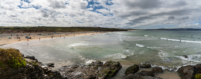 panorama landscape view of Gwithian Beach and St. Ives Bay in northern Cornwall