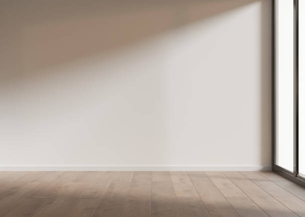 istock Empty room with daylight, white wall and parquet floor. Only wall and floor. Mock up interior. Free, copy space for your furniture, picture, decoration and other objects. 3D rendering. 1443206032