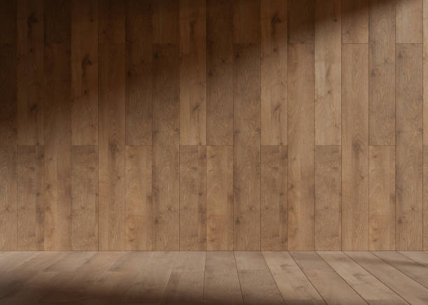 istock Empty room with daylight. Wood look tiles. Only wall and floor. Mock up interior. Free, copy space for your furniture, picture, decoration and other objects. 3D rendering. 1443206033