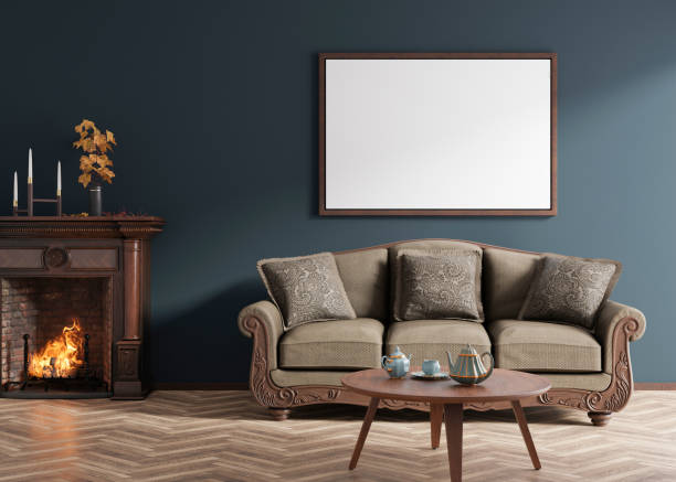 istock Empty horizontal picture frame on dark blue wall in modern living room. Mock up interior in classic style. Empty, copy space for your picture, poster. Sofa, table, parquet floor, fireplace. 3D render. 1443206069