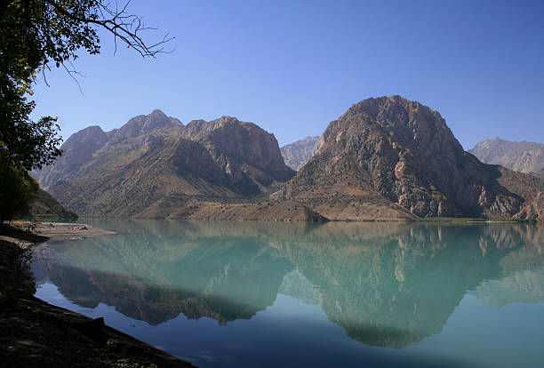 View of the mountains in the lake with clear blue sky stock photo