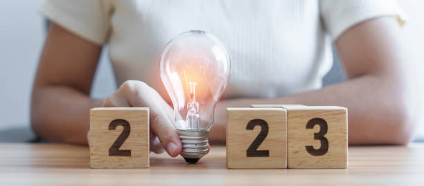istock 2023 block with lightbulb. Business Idea, Creative, Thinking, brainstorm, Goal, Resolution, strategy, plan, Action, change and New Year start concepts 1443206228