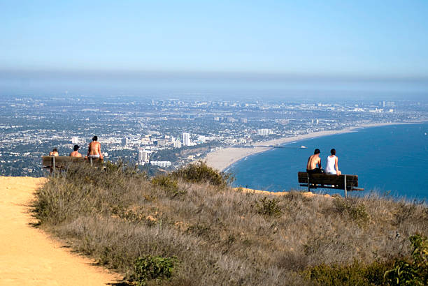 end of the trail - santa monica pier city of los angeles los angeles county aerial view fotografías e imágenes de stock