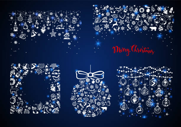merry christmas festive  frames borders overlays headers , ornates templates in blue and white colors, vector illustration graphic set merry christmas festive  frames borders overlays headers , ornates templates in blue and white colors, vector illustration graphic set christmas star shape christmas lights blue stock illustrations