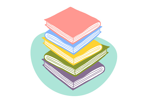 Vector illustration of a set of books in a doodle and sketch drawing style. Cut out design elements on a transparent background on the vector file.