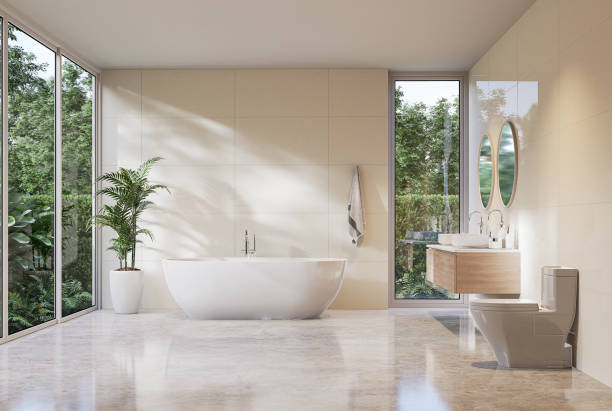 istock Modern luxury white bathroom with tropical style nature view 3d render 1443210017
