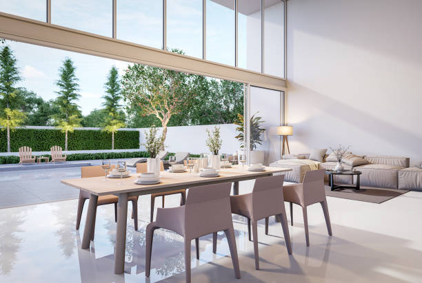 istock Modern living room and dining room with pool terrace background 3d render 1443210029