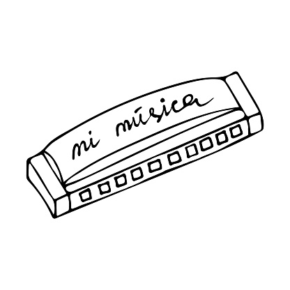 Hand drawn musical instrument, doodle harmonica. Isolated on white background.