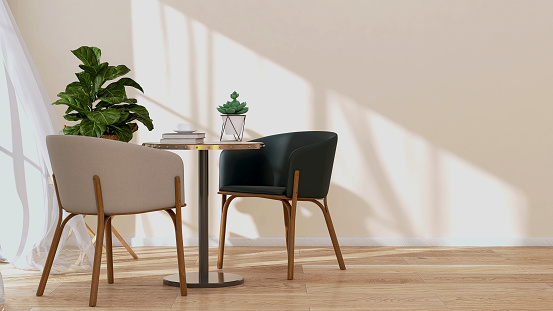 Two modern and luxury black and white chair, table with books and coffee cup and fiddle leaf fig tree in blank white wall room with parquet floor in sunlight from window sheer curtain for interior decoration, lifestyle and architecture product display