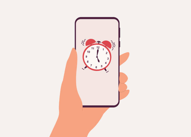 ilustrações de stock, clip art, desenhos animados e ícones de a person’s hand holding mobile phone with alarm clock icon showing 5 o'clock. - 5 horas
