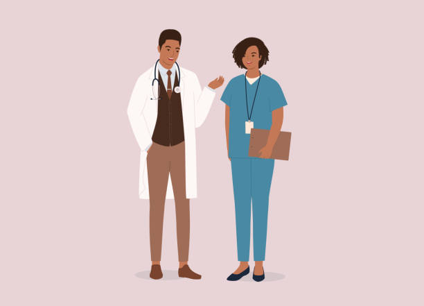 여성 간호사와 이야기하는 흑인 남성 의사. - african ethnicity female nurse heterosexual couple healthcare and medicine stock illustrations