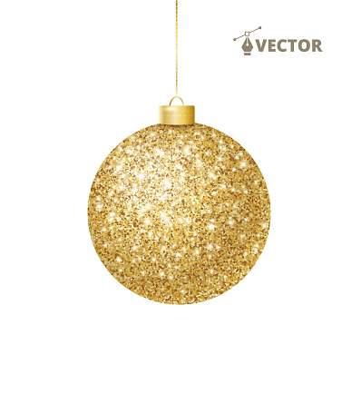 Hanging Christmas golden ball isolated on white. Sparkling glitter texture bauble, holiday decoration. Great for Christmas and New Year design of cards, party posters, banners. Vector illustration.
