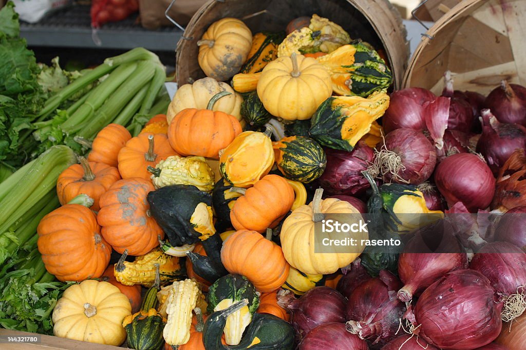 gourds frescos y cebollas de venta - Foto de stock de Agricultura libre de derechos